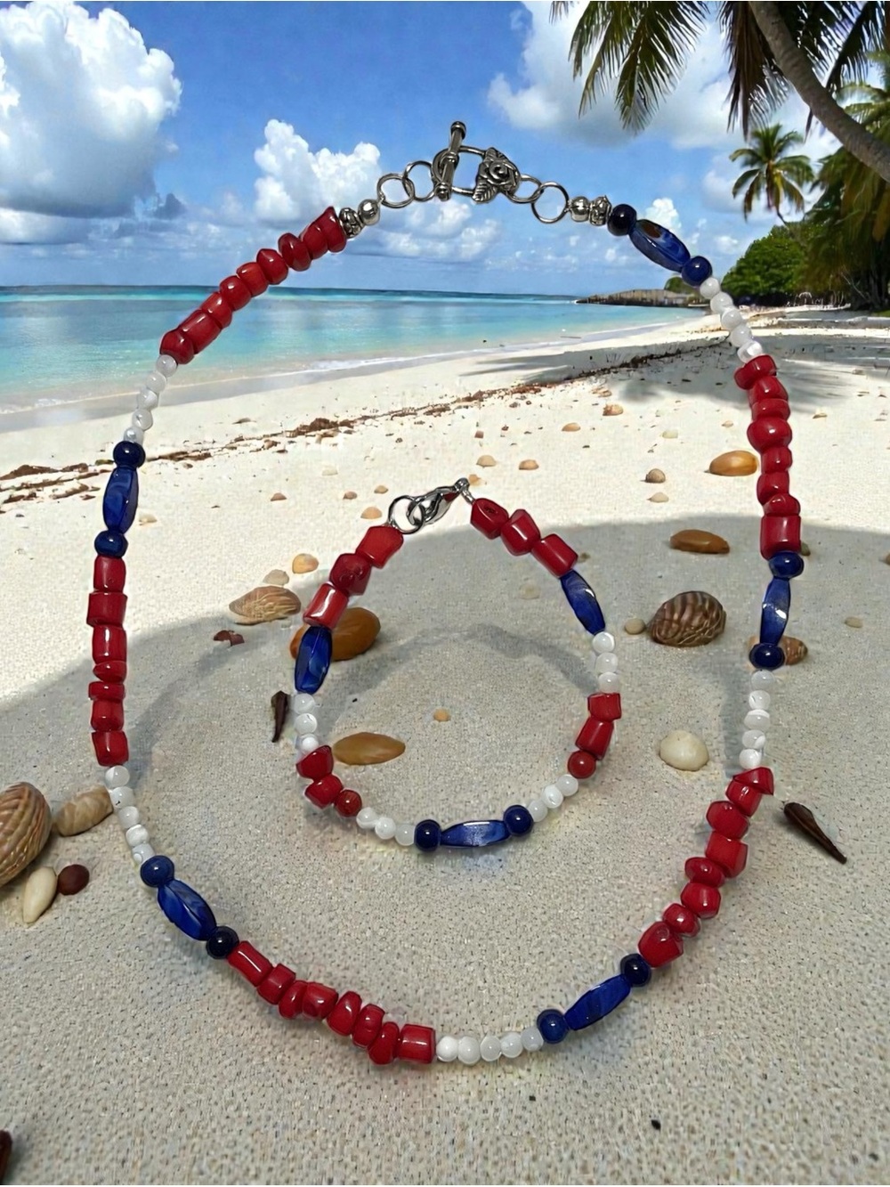 Handmade Red Coral ,Blue  Beads & White MOP Beaded Necklace and Bracelet Set